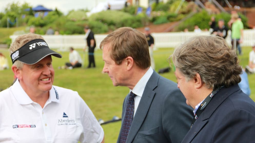 George O'Grady and Charles Fairweather with Colin Montgomerie at Golf LIVE