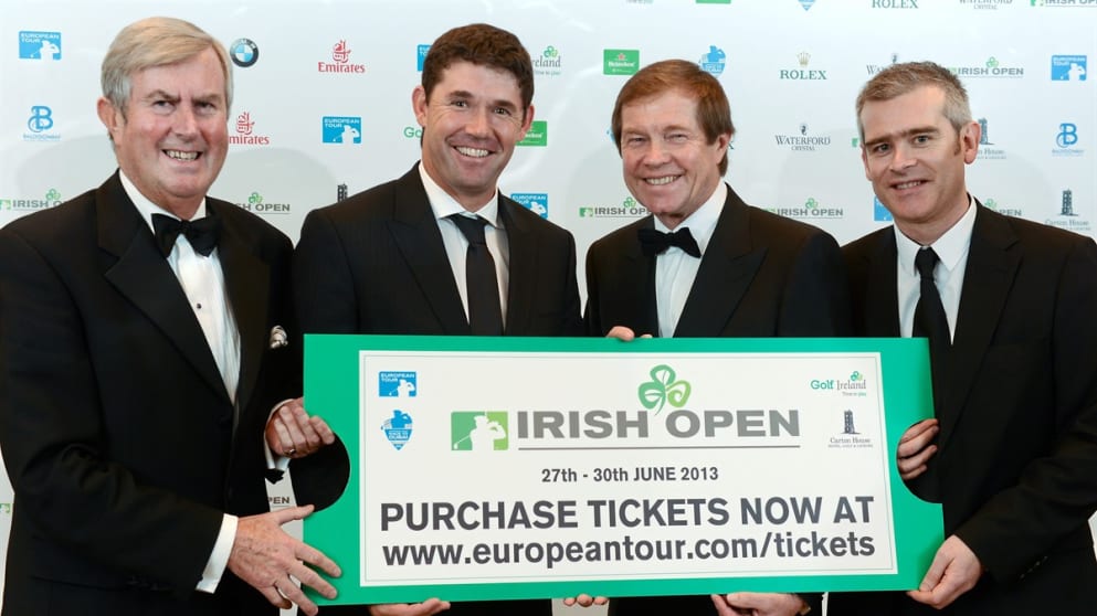 (2)	Padraig Harrington (second left) launches the 2013 Irish Open advance ticket initiative ahead of the Excellence in Sport Awards dinner in Dublin with (l-r): Redmond O’Donoghue, George O’Grady and Conor Mallaghan (pic by Sportsfile)