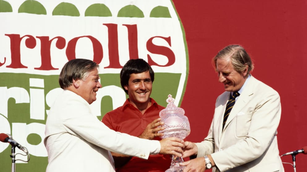 Seve Ballesteros lifting the Irish Open trophy in 1985