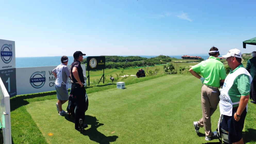 Gonazalo Fernandez-Castano and Jamie Donaldson wait to get the 2013 Volvo World Match Play Championship underway in Bulgaria