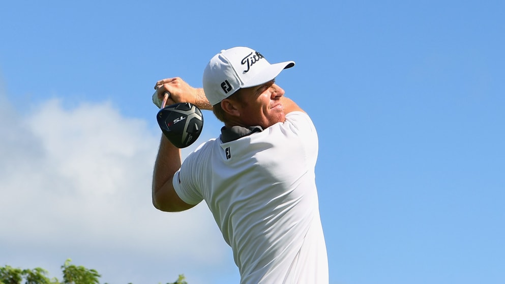 Andrew Dodt of Australia tees off during Day One at the Fiji International