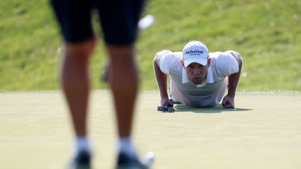 Maximilian Kieffer  lines-up a putt during the Lyoness Open 