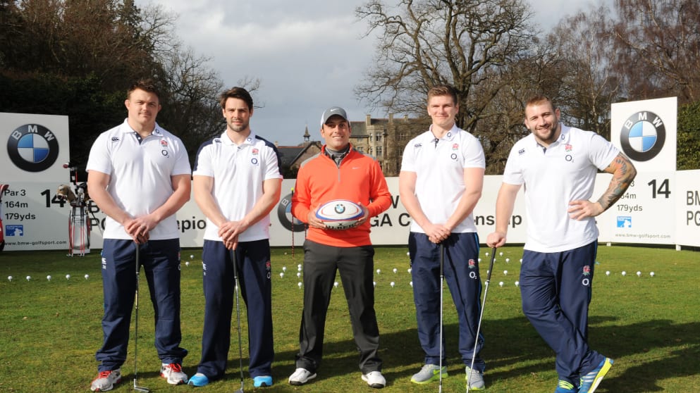 BMW PGA meets Rugby in the Trick Shot Challenge (L to R David Wilson, Ben Foden, Francesco Molinari, Owen Farrell, Joe Marler)