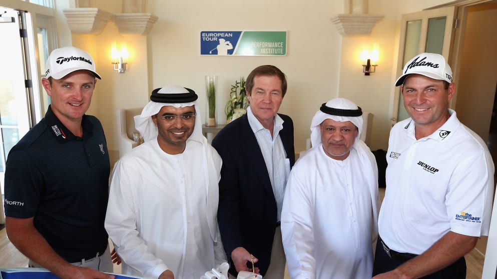 (L-R) Justin Rose; Majid al Ghurair, Board Member Jumeirah Golf Estates; George O'Grady, Chief Executive of The European Tour; Yousuf Kazim, General Manager Jumeirah Golf Estates and David Howell 