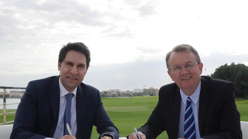 Haitham Mattar, CEO of Ras Al Khaimah Tourism Development Authority, and Nick Tarratt, Director of The European Tour's International International Dubai Office, sign a three-year deal for the Ras Al Khaimah Golf Challenge