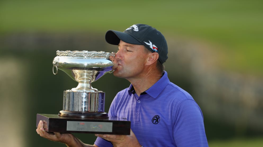 Sam Brazel with the UBS Hong Kong Open trophy