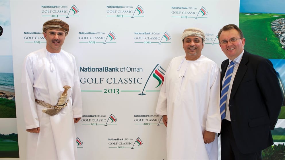 (Left to right) Mohammed Al Ardhi (National Bank of Oman Deputy Chairman), Salaam Al Shaksy (National Bank of Oman CEO) and Nick Tarratt (European Tour International Director, Dubai Office) at the official launch of the National Bank of Oman Golf Classic 