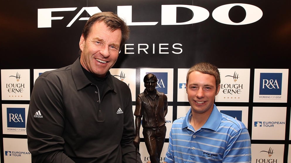 Gavin Samuels of England with Sir Nick Faldo during the fifteenth Faldo Series Grand Final at Lough Erne Resort in Northern Ireland.