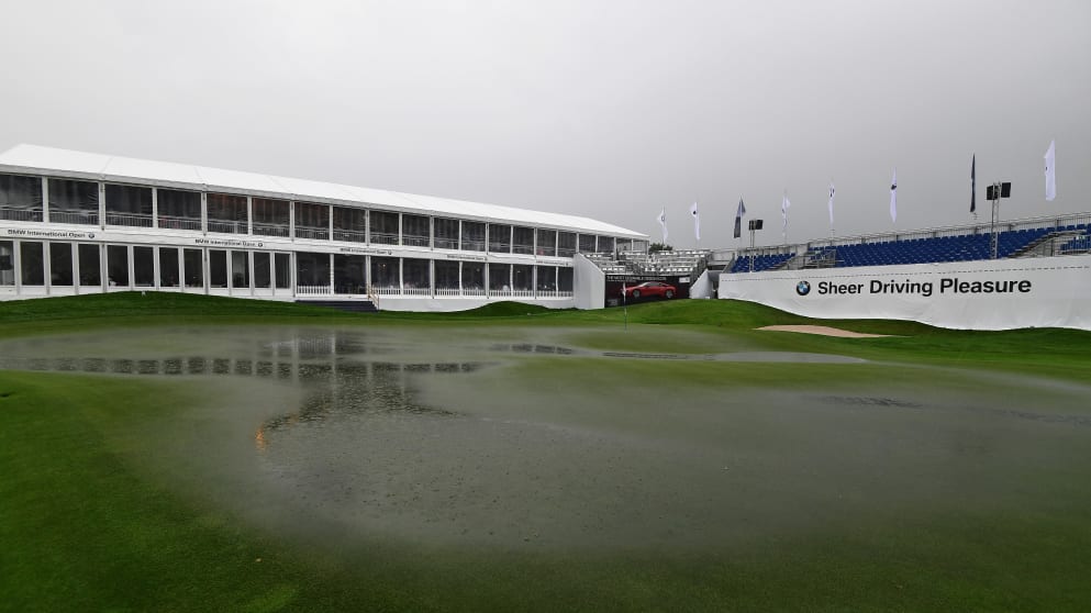 The flooded 18th green
