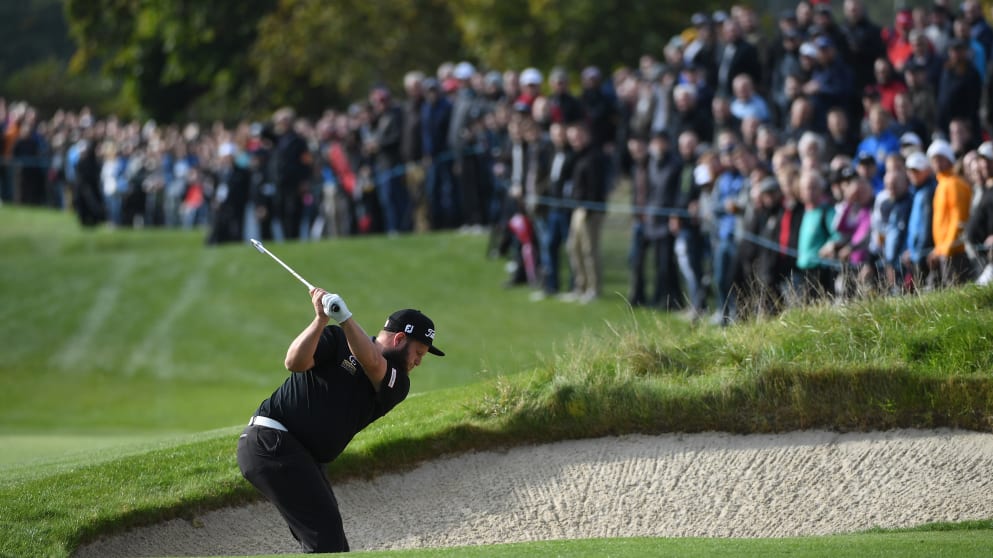 WATFORD, ENGLAND - OCTOBER 13:  Andrew Johnston of England plays his second shot from a bunker on the eighth hole during the first round of the British Masters at The Grove on October 13, 2016 in Watford, England.  (Photo by Ross Kinnaird/Getty Images)