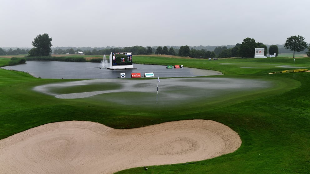 The flooded 18th green