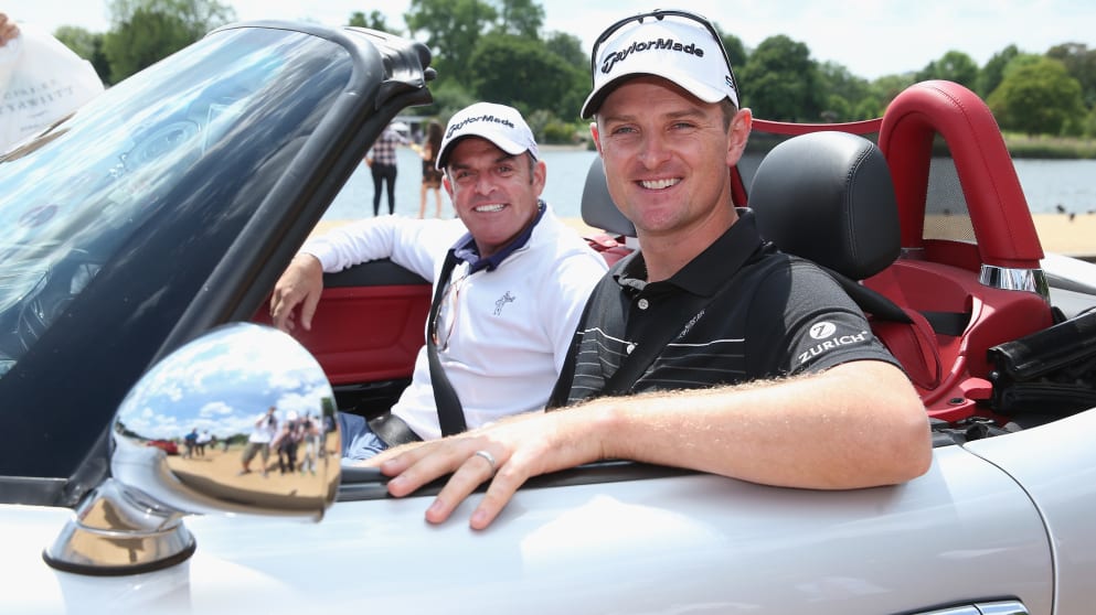 Paul McGinley (left) and Justin Rose in a vintage BMW after 