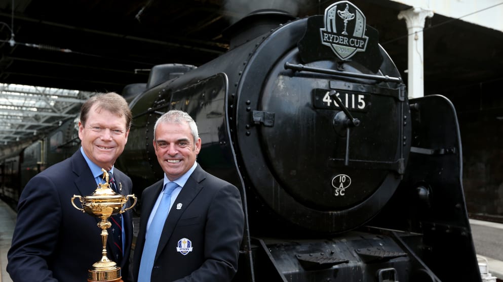 Ryder Cup Captains Paul McGinley and Tom Watson about to board the Ryder Cup steam train