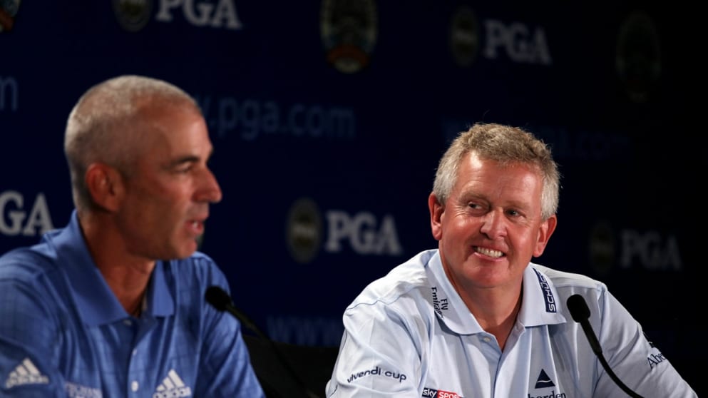Ryder Cup Captains Colin Montgomerie (R) and Corey Pavin