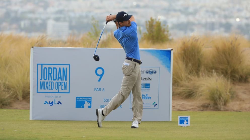 Daan Huizing tees off on the ninth hole of the Jordan Mixed Open presented by Ayla