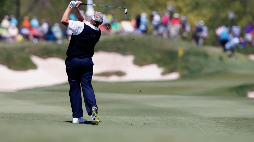 Colin Montgomerie on the fifth hole during the final round of the 2014 Senior PGA Championship presented by KitchenAid at the Golf Club at Harbor Shores 