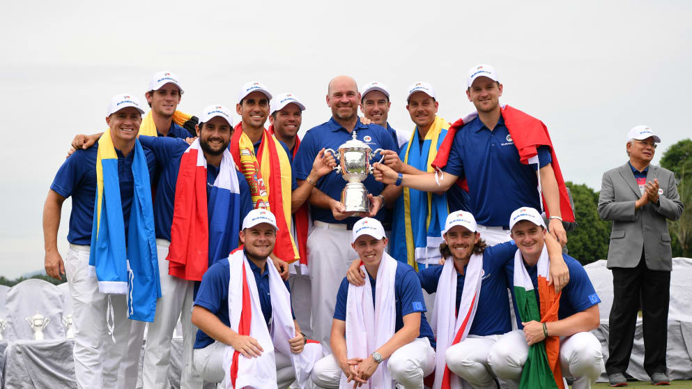 Team Europe celebrate with the trophy