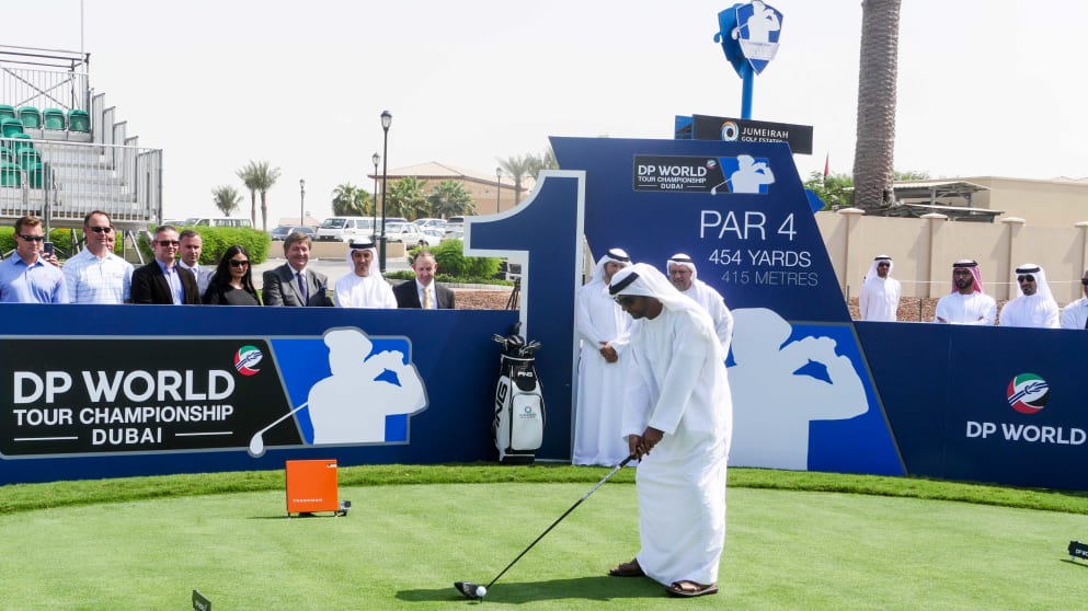 H.E. Sheikh Fahim Bin Sultan Al Qasimi, Chairman of the Emirates Golf Federation takes the ceremonial tee shot