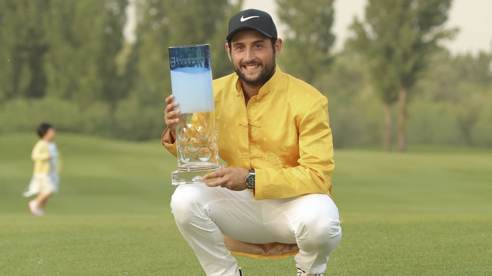 Alex Levy - holds the trophy after winning the 2017 Volvo China Open at Topwin Golf and Country Club