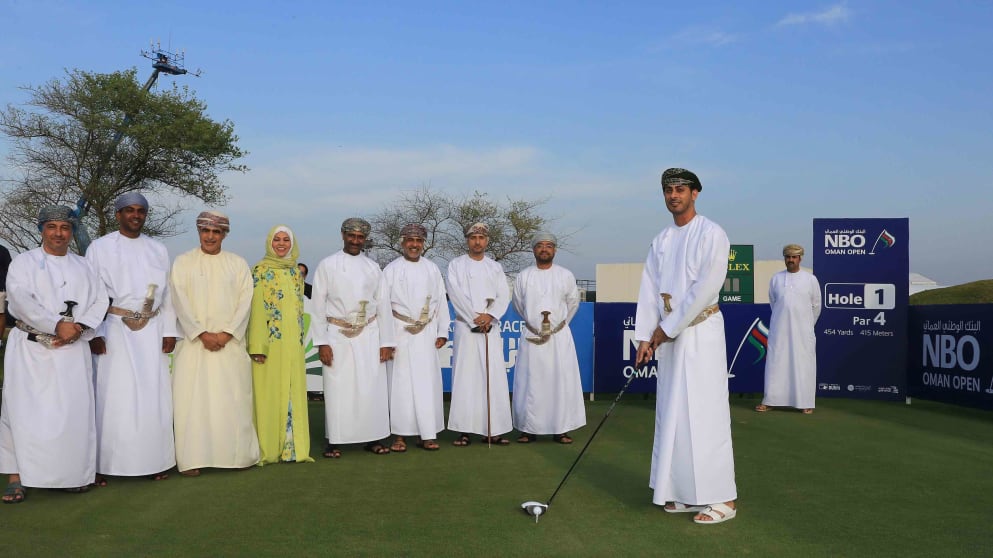 His Excellency Sheikh Saad Al Saadi, Oman’s Minister of Sport hits a ceremonial tee shot off the first tee at Al Mouj Golf 