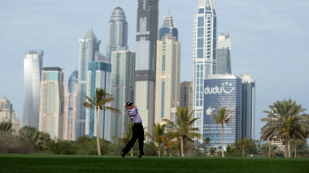 Sergio Garcia hits into the 13th green during the second round of the Omega Dubai Desert Classic