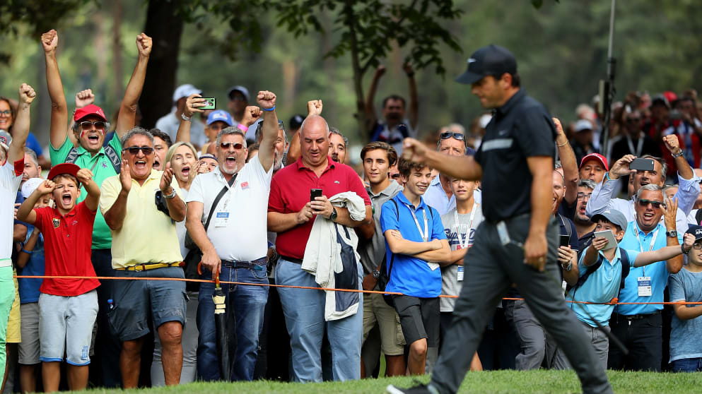Francesco Molinari celebrates an eagle at the first hole at the Italian Open