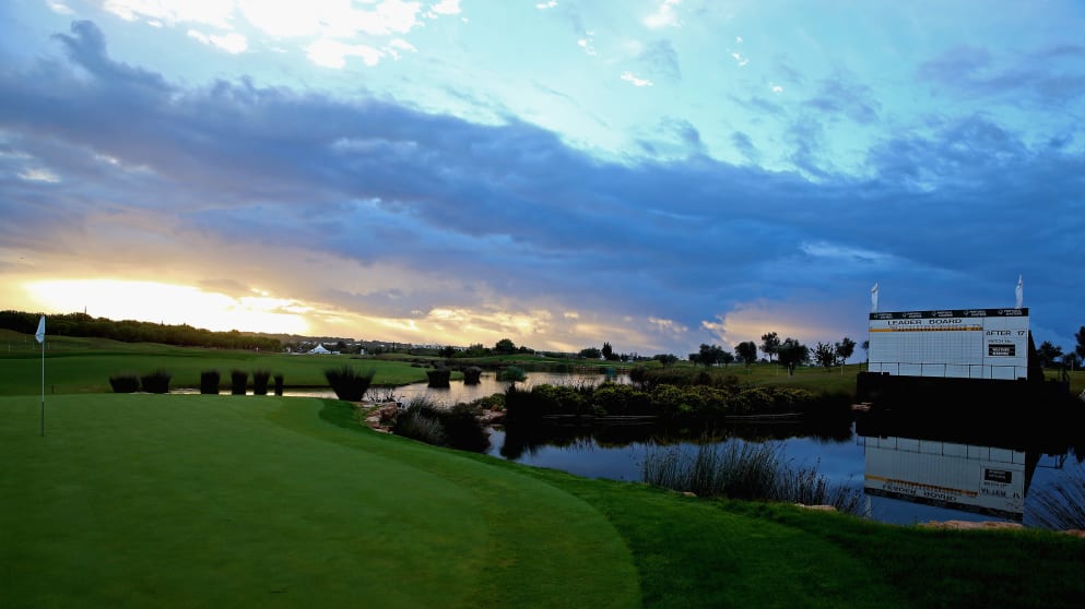 A general view of 18th green and the main leaderboard on Sunday morning at the Portugal Masters