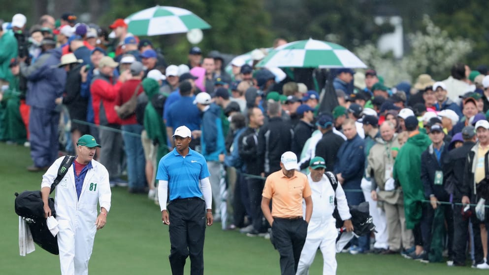 Tiger Woods and Ian Poulter during Day 3 in Augusta