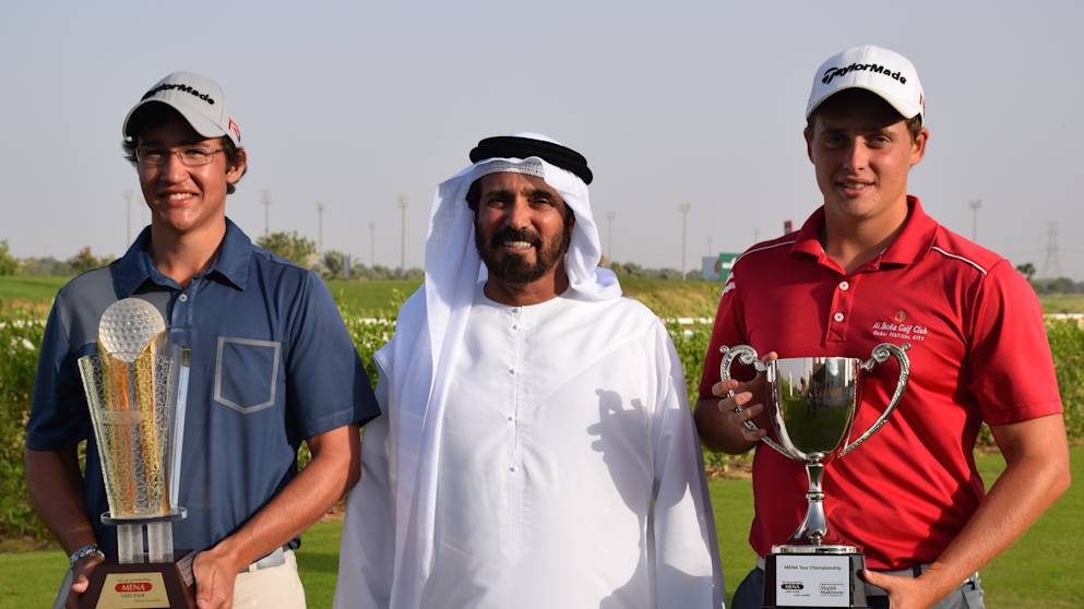 Mohamed Juma Buamaim, vice chairman and CEO of golf in DUBAi, with Thriston Lawrence, left, and James Allan