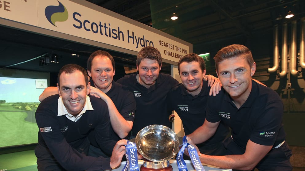 Team Scottish Hydro 2013 holding aloft the Scottish Hydro Challenge, hosted by Macdonald Hotels and Resorts, Trophy  (L-R; Jack Doherty, Jamie McLeary, George Murray, Andrew McArthur and Lloyd Saltman)