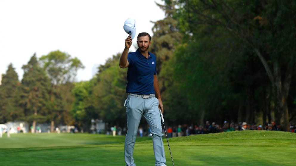 Dustin Johnson celebrates at the WGC-Mexico Championship