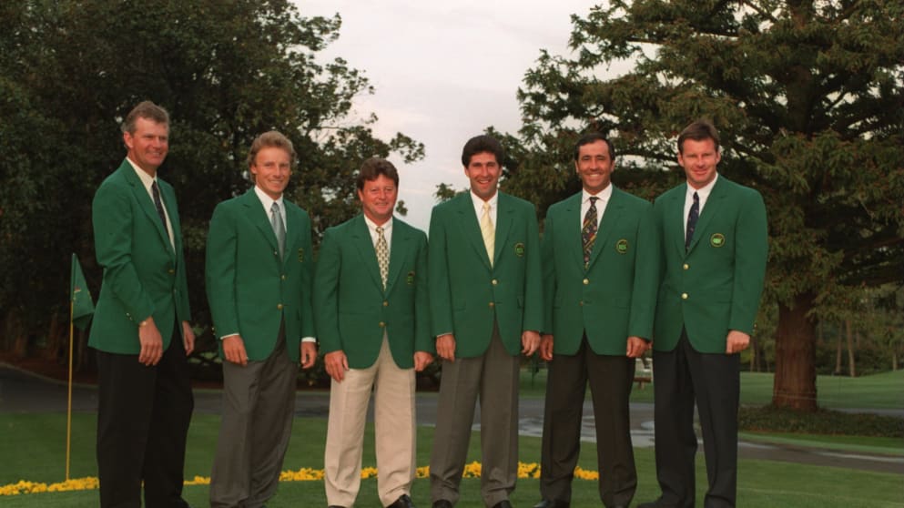 Seve Ballesteros alongside Sandy Lyle, Bernhard Langer, Ian Woosnam, Jose Maria Olazabal and Nick Faldo