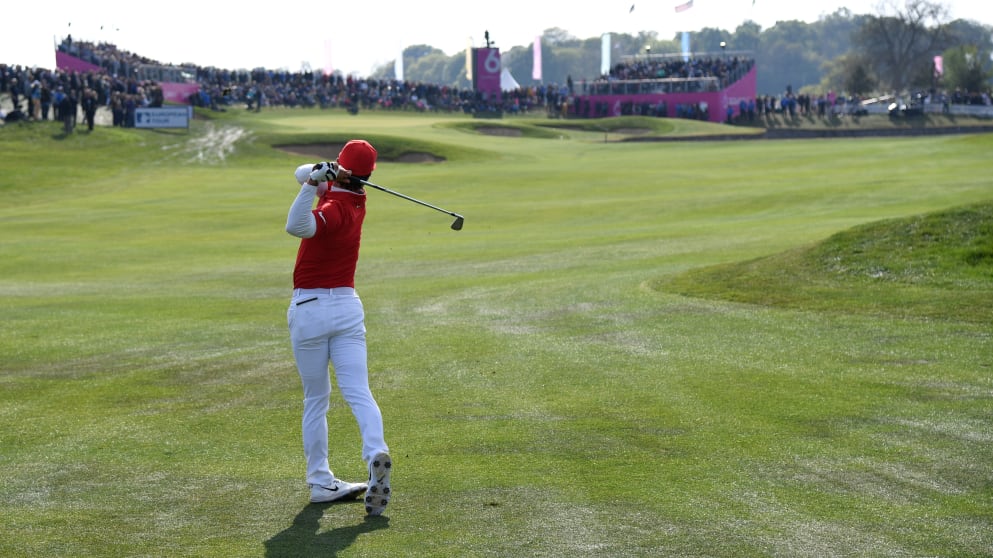 Thorbjørn Olesen - hits his approach into the final hole at the Golf Sixes