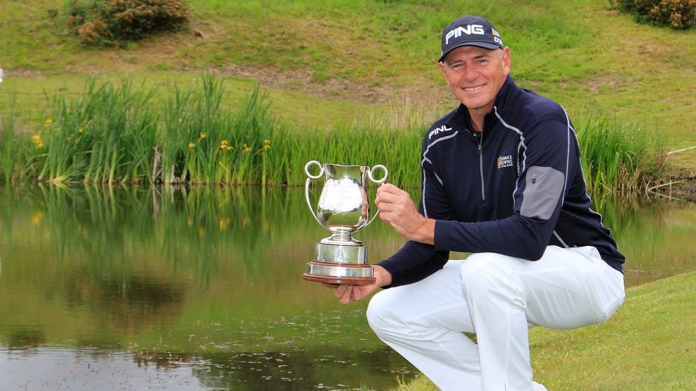 Peter Fowler poses with the trophy after the final round of the ISPS Handa PGA Seniors Championship