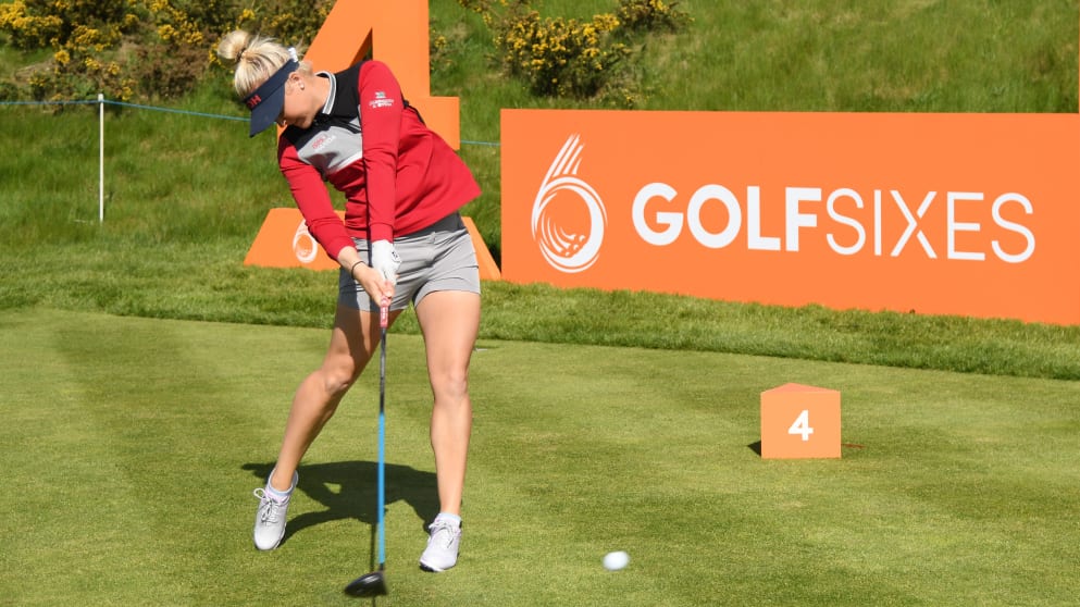 Charley Hull - tees off on the fourth hole during the ProAm tournament ahead of the GolfSixes