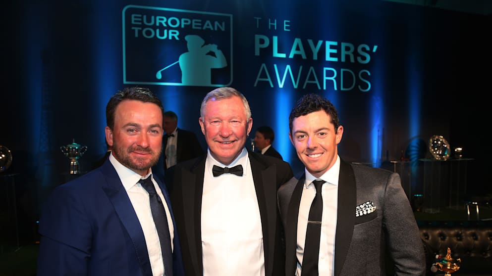(L-R) Graeme McDowell, Sir Alex Ferguson and Rory McIlroy pose during the European Tour Players' Awards