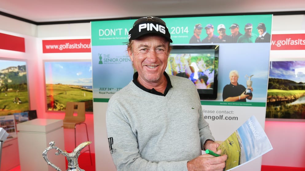 Miguel Angel Jimenez at the Visit Wales stand at the BMW PGA Championship