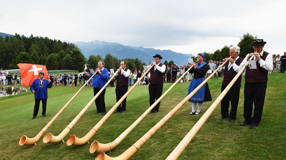 Swiss horn blowers at the Omega European Masters