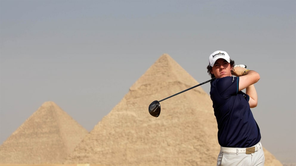 Rory McIlroy hits a few shots at the Pyramids of Giza