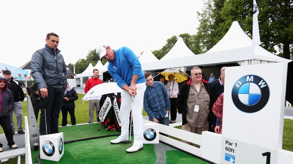 Jamie Donaldson attempts the Mega Putt Challenge