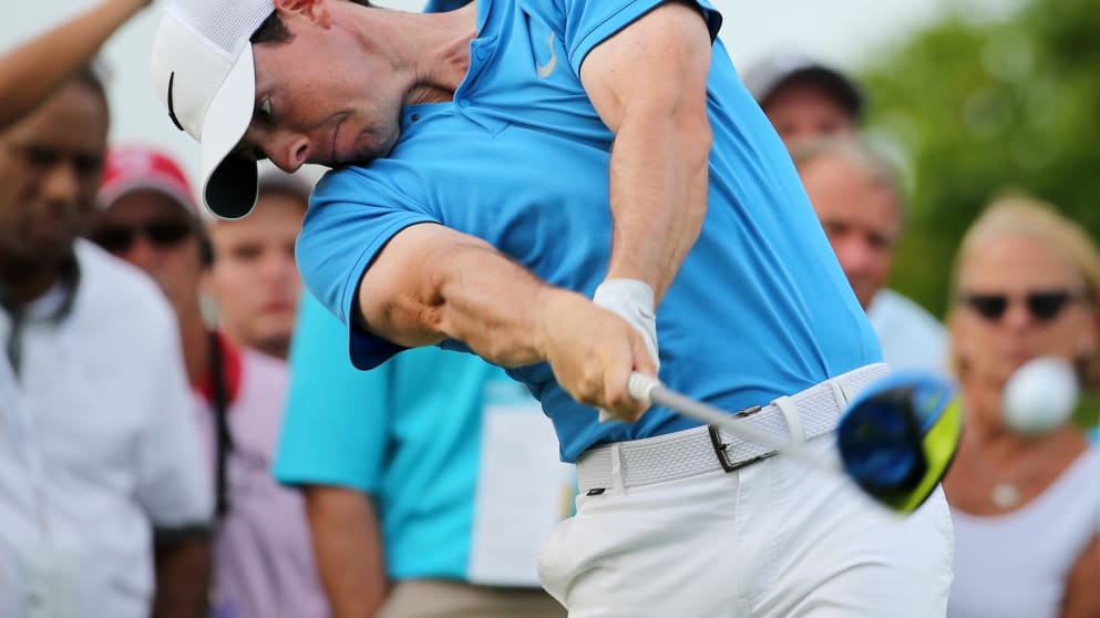 Rory McIlroy tees off on the 17th hole 