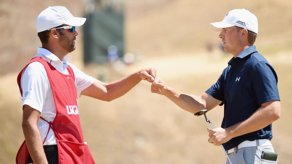 UNIVERSITY PLACE, WA - JUNE 19:  Jordan Spieth of the United States celebrates with his caddie Michael Greller after a birdie putt on the ninth green during the second round of the 115th U.S. Open Championship at Chambers Bay on June 19, 2015 in Universit