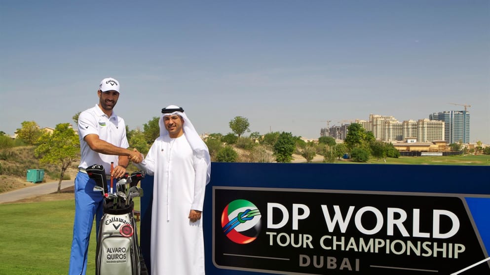 Alvaro Quiros is welcomed back to Dubai by DP World’s Abdulla Bin Damithan at Jumeirah Golf Estates last week