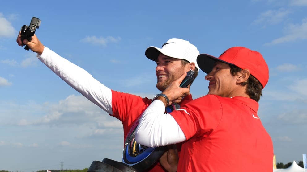 Thorbjorn Olesen and Lucas Bjerregaard - take a winners' selfie at the Golf Sixes