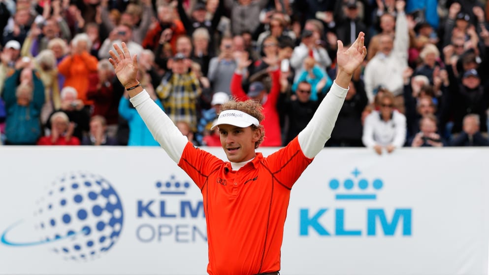 Joost Luiten celebrates winning the 2013 KLM Open