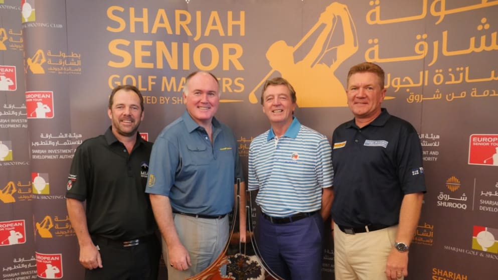 Malcolm Mackenzie, Ronan Rafferty, Des Smyth and Paul Broadhurst with the Sharjah Senior Golf Masters trophy