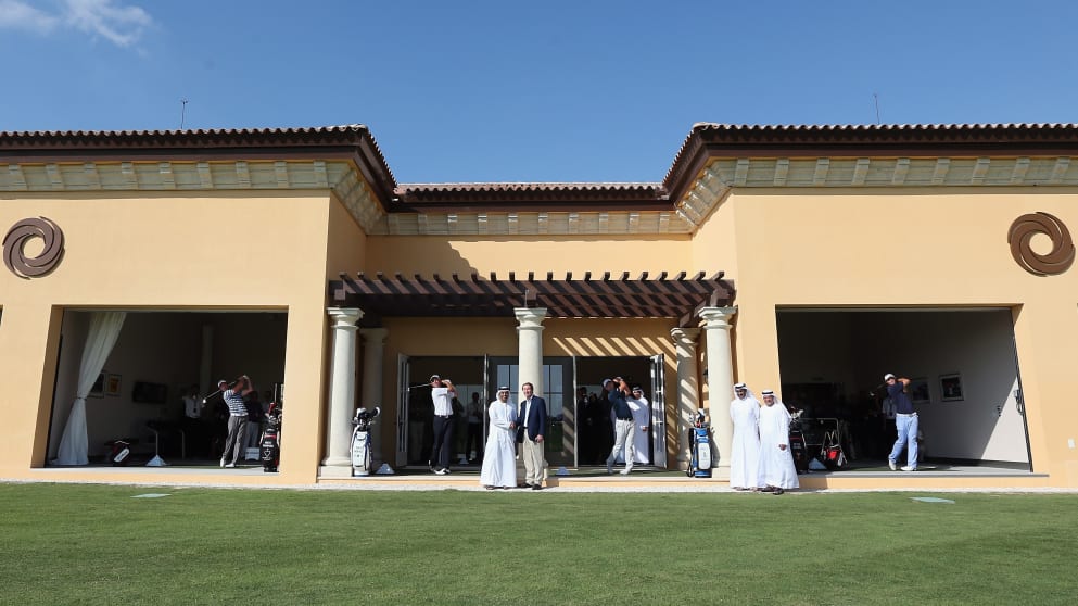 (L-R) Brett Rumford; David Howell; Justin Rose and Peter Uihlein oall hit a shot alongside Majid al Ghurair, Board Member Jumeirah Golf Estates, and George O'Grady