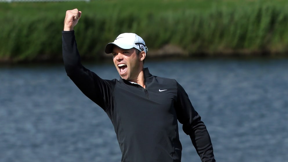 Paul Casey celebrates his eagle putt on the 18th green