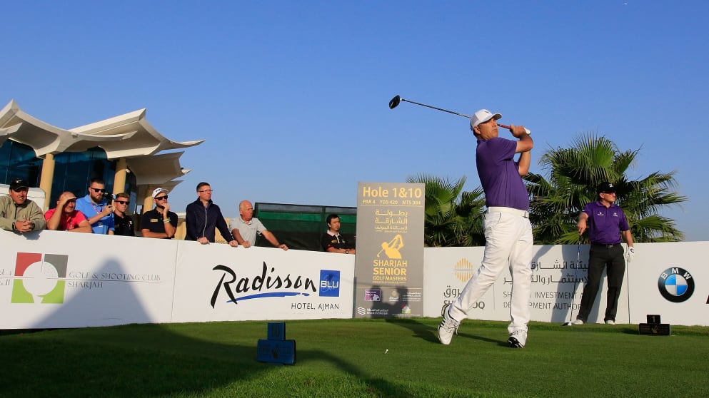 Clark Dennis hits the first tee shot of the 2018 Staysure Tour season