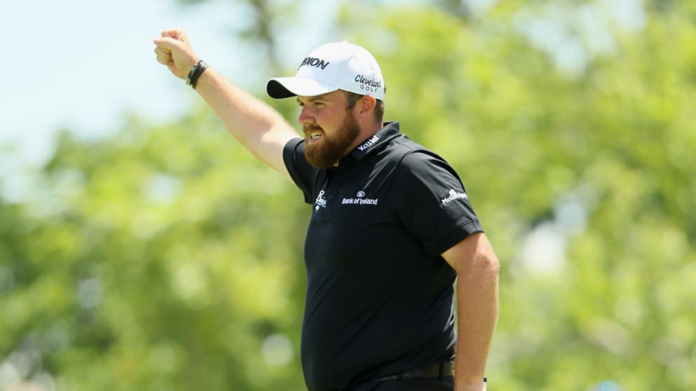 Shane Lowry - celebrates after a par save on the ninth green at the US Open on Saturday